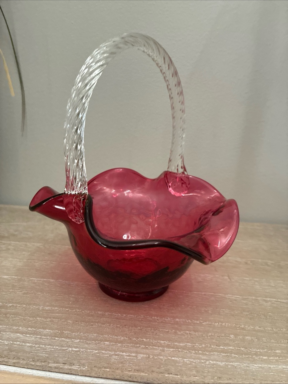 Vintage Fenton Cranberry Glass Diamond Optic Basket - 1970s Oval Logo Mark
